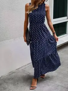 Women's Polka Dot Print Sleeveless Long Dress, Elastic Waist Casual Summer, Ladies' Fashionable Loose Fit Clothing, Casual Boho Dress, Casual Bohemian Sleeveless, Casual Sundress