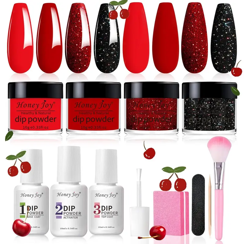 Honey Joy Red & Black Dip Powder Manicure Kit, (No Lamp Needed )Cosmetic Starter Set for Salon-Quality Results, Classy Glitter for Date Night & Evening Use