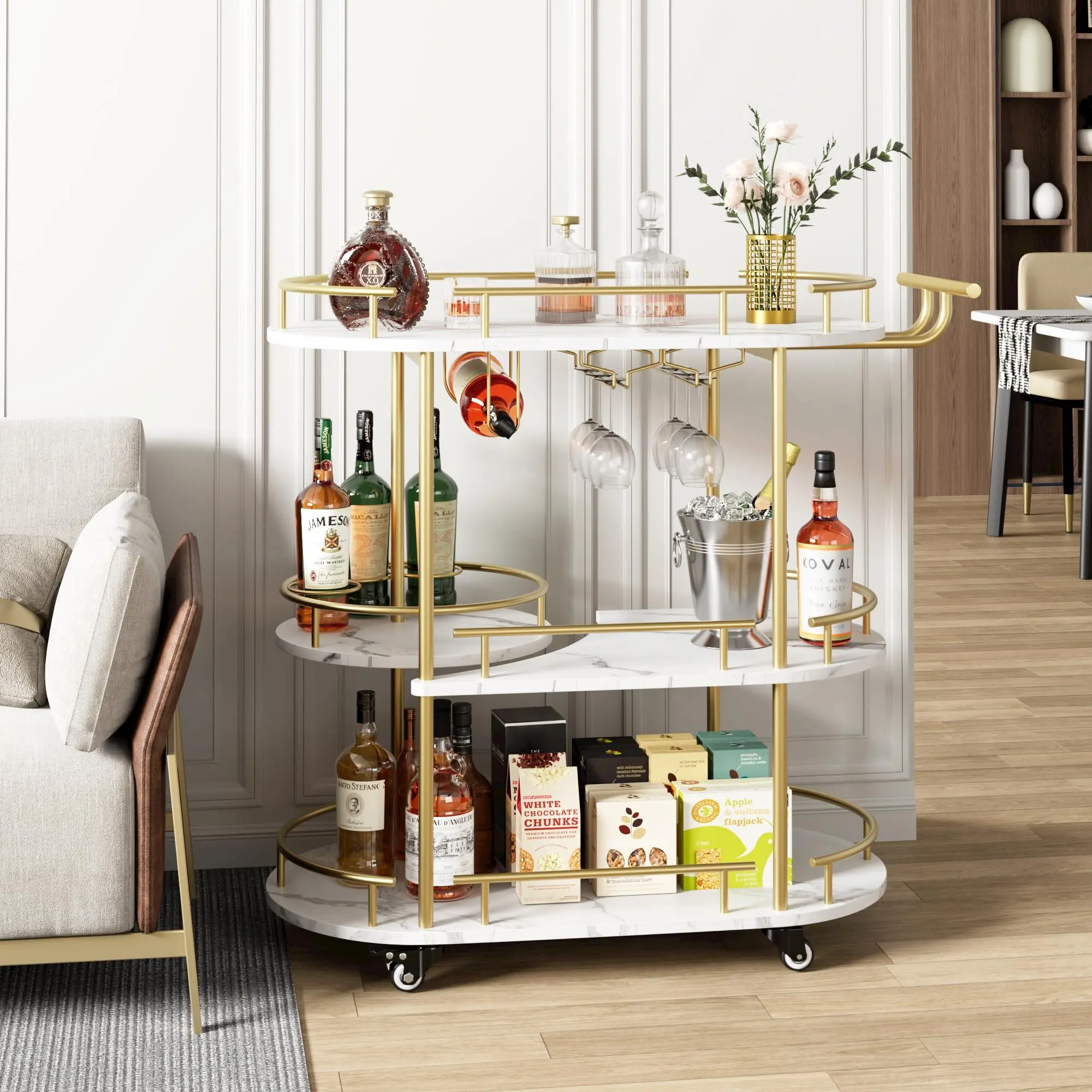 Gold Bar Cart with 4-Tier Storage Shelf, Waterproof Metal Mobile Serving Cart On Wheels with Wine Rack, Glass Holder, Marble Accent, Easy Installation for Kitchen, Dining Room
