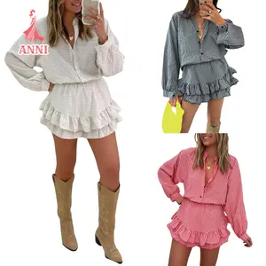 Women's 2 Piece Beach Outfits Long Sleeve Button Plaid Tops Tiered Ruffle Skirted Shorts Sets