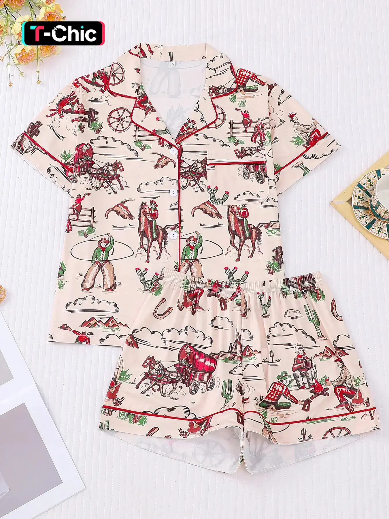 2-piece campfire horse riding denim cactus Halloween comfortable Knitted short sleeved shorts top small pocket button top elastic waistband suitable for all seasons home casual Loungewear Pajama Set, Pajamas Summer Pjs