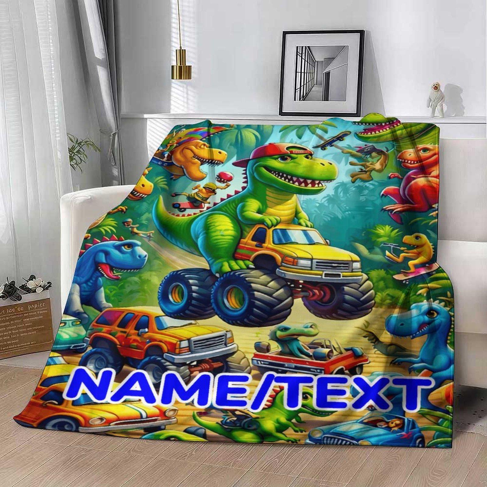 Custom Name Dinosaur & Car  Blanket ,Personalized Name Gift ,Suit for The Sofa, Bed, Travel, Camping, Living Room, Office, Chair，Gifts for Family or Child  ,Friend , Send your custom text via shop chat to personalize
