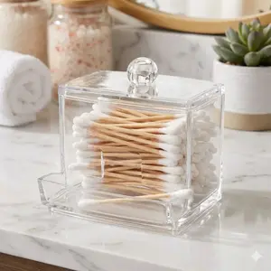 Acrylic Makeup Organizer - Stackable Q-tip Holder with Brush Storage, Portable Cosmetic Case, Bathroom Countertop Essentials for Vanity & Travel, Home Decor Accessory, Clear Storage Box