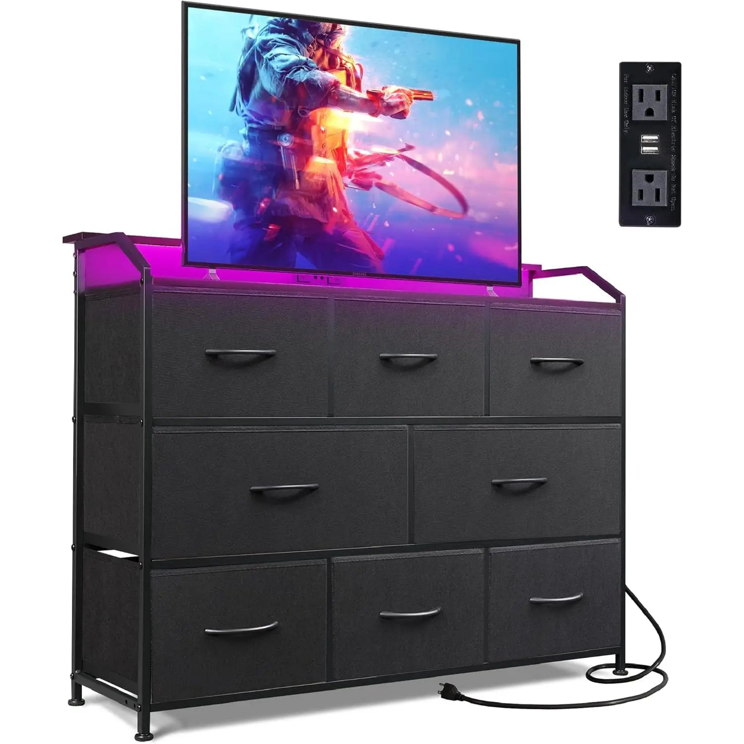 WLIVE Led Dresser for Bedroom, Black Dresser TV Stand for Bedroom with LED Lights and Power Outlet, Wide Chest of Drawers for Hallway, 8 Fabric Drawer