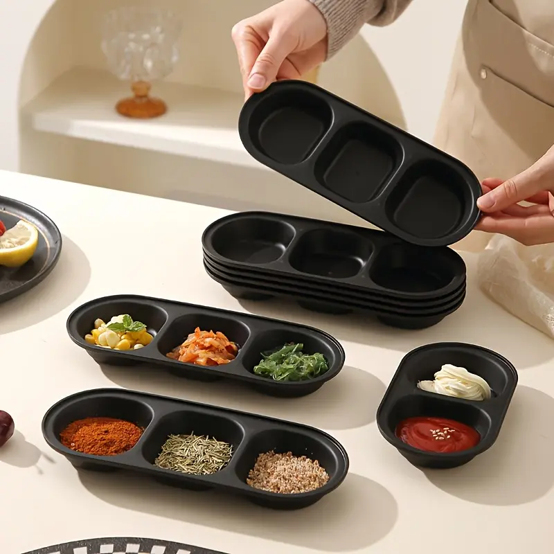 2/4/8pcs, Black Divided Dipping Sauce Bowls, Plastic Material, Oval Divided Appetizer Plates, Reusable, Dishwasher Safe, Suitable for Sushi Soy Sauce, Condiments, Side Dish Bowls, Parties, Kitchens, Snacks, Fruits, Barbecues, Desserts