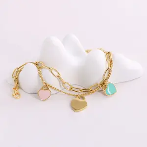 Minimalist Heart Charm Double Layer Bracelet for Women, Dainty Enamel Heart Link Chain Bracelet, Elegant Adjustable Statement Bracelet, Trendy Aesthetic Daily Wear Jewelry, Timeless Anniversary Gift for Her