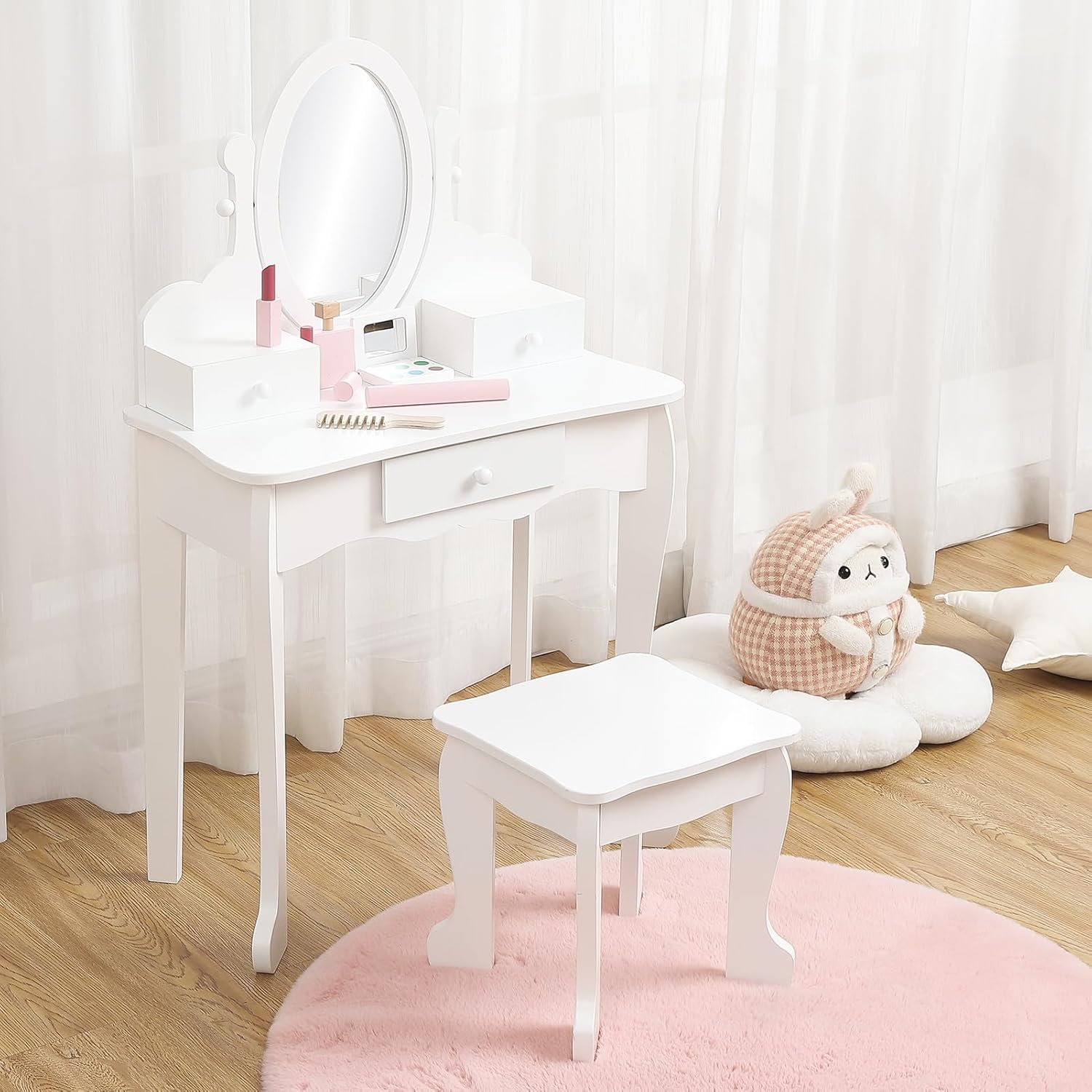 Kids' Vanity Set with Mirror, Makeup Table and Stool for Girls, Vanity Desk and Chair with Wood Makeup Playset for 4-9 Girls, White