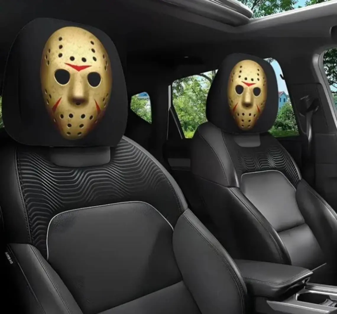 (1pc) Jason Horror Car Headrest Cover – Friday the 13th Inspired Head Rest Protector, Universal Car Seat Headrest Cover for Cars, SUVs & Trucks, Halloween Auto Decor