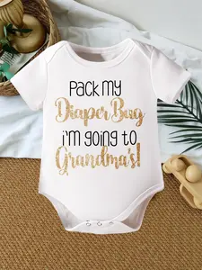 White Unisex Baby Short Sleeve Onesie, Pack My Diaper Bag I'm Going To Grandma's Gold Glitter Cursive Grandma Visit Cotton Bodysuit