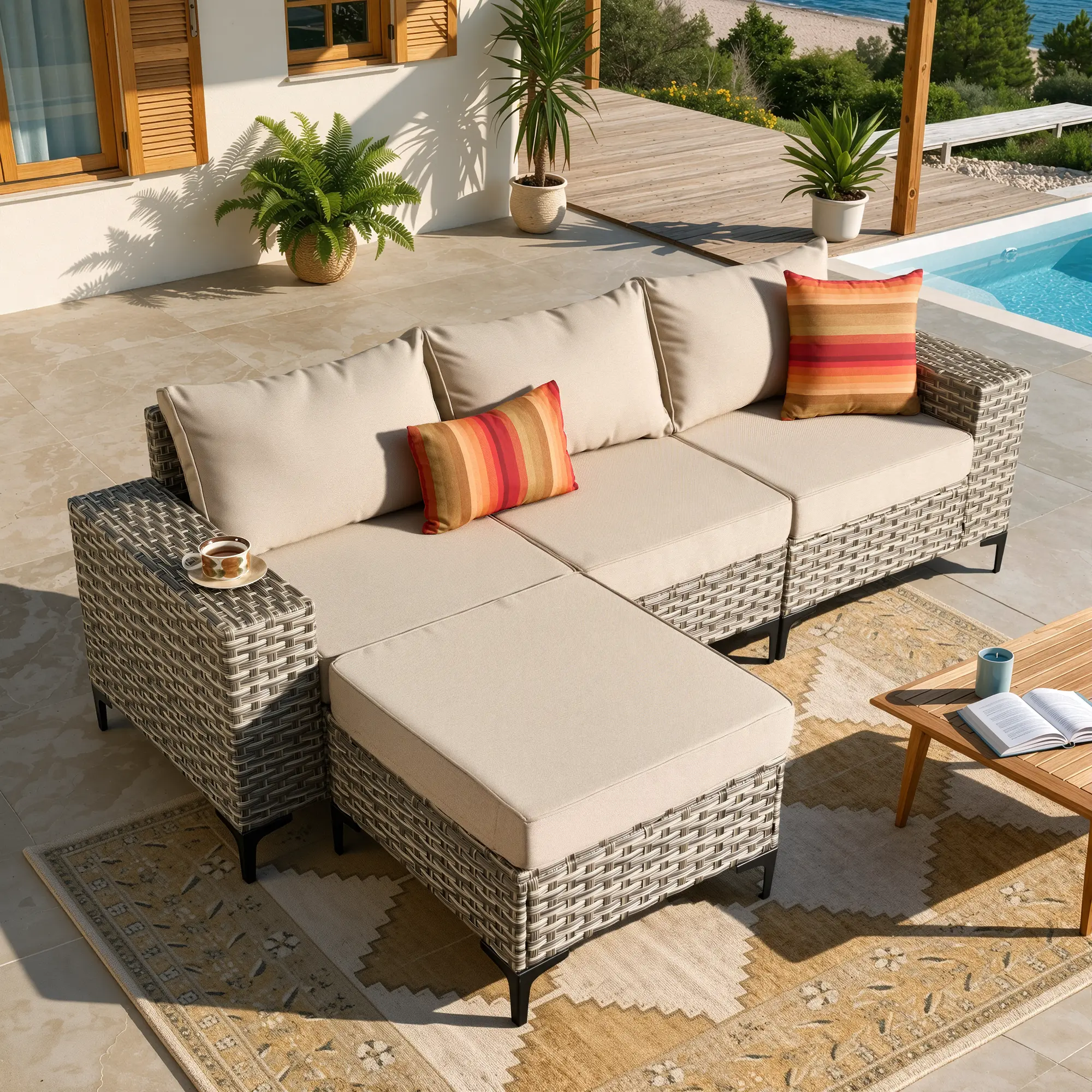 CAODOC 4 Piece Patio Furniture Sets, Outdoor Patio Set Sectional Sofa, All-Weather PE Rattan Outdoor Couch Chair with Ottoman for Garden, Backyard, Porch