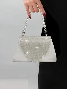 Women's Sparkling Rhinestone Evening Clutch Bag with Pearl Handle, Silver Color Formal Handbag, Fashionable Evening Bag for Weddings, Parties, Cocktails