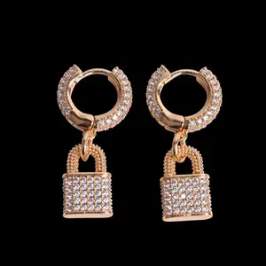 [ICE HUE]18K Gold Vacuum Plated Copper with 5A+ Sri Lanka Zircon Lock Earrings Miami Italy Mexico & Micro Inspired for Women & Men Luxury Jewelry,Daily Wear,Casual Fashion,Gift Idea,,Classic,Hip Hop,Simple,Sporty Style