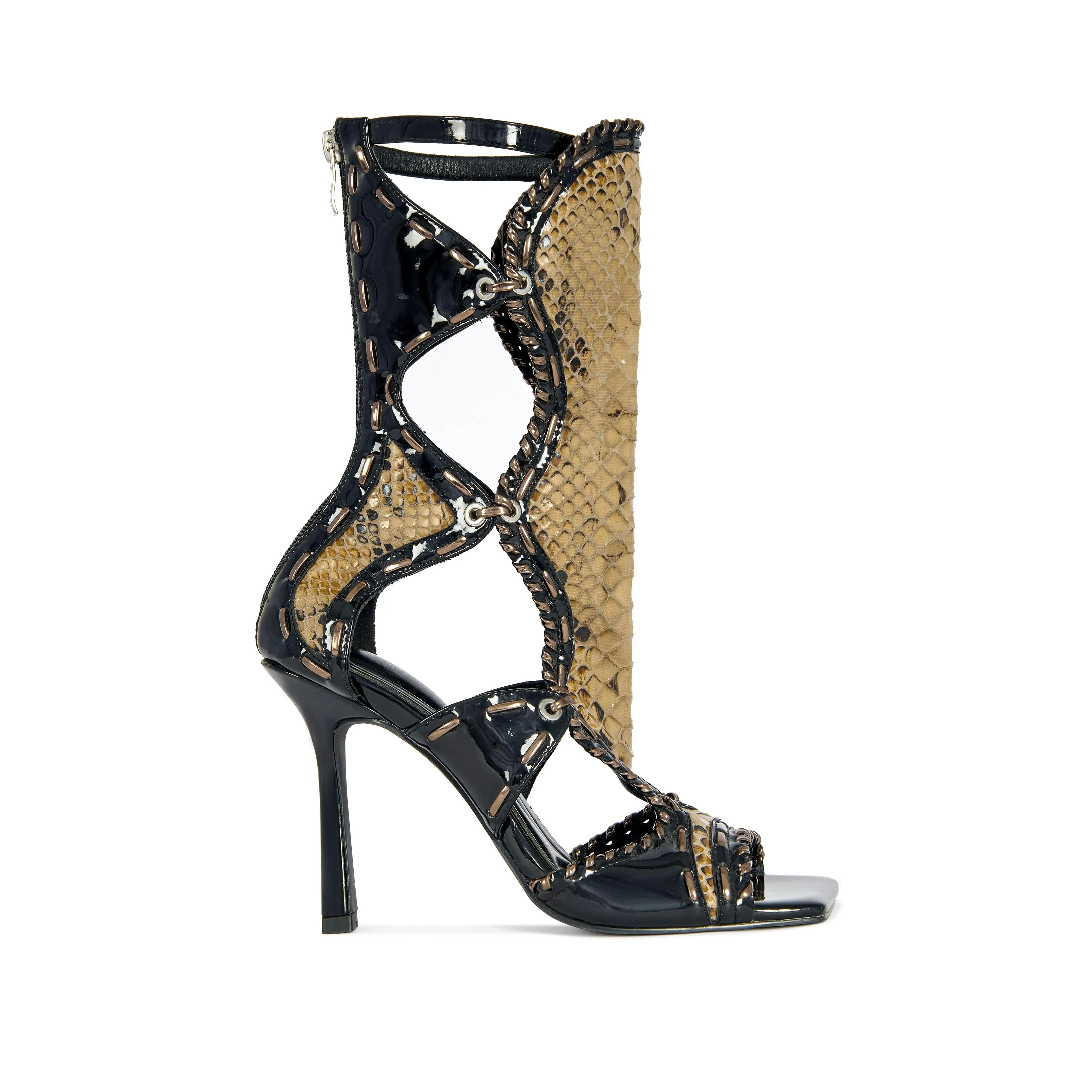 INDRANI-BLACK SNAKE GLADIATOR STILETTO SANDAL BOOTIE