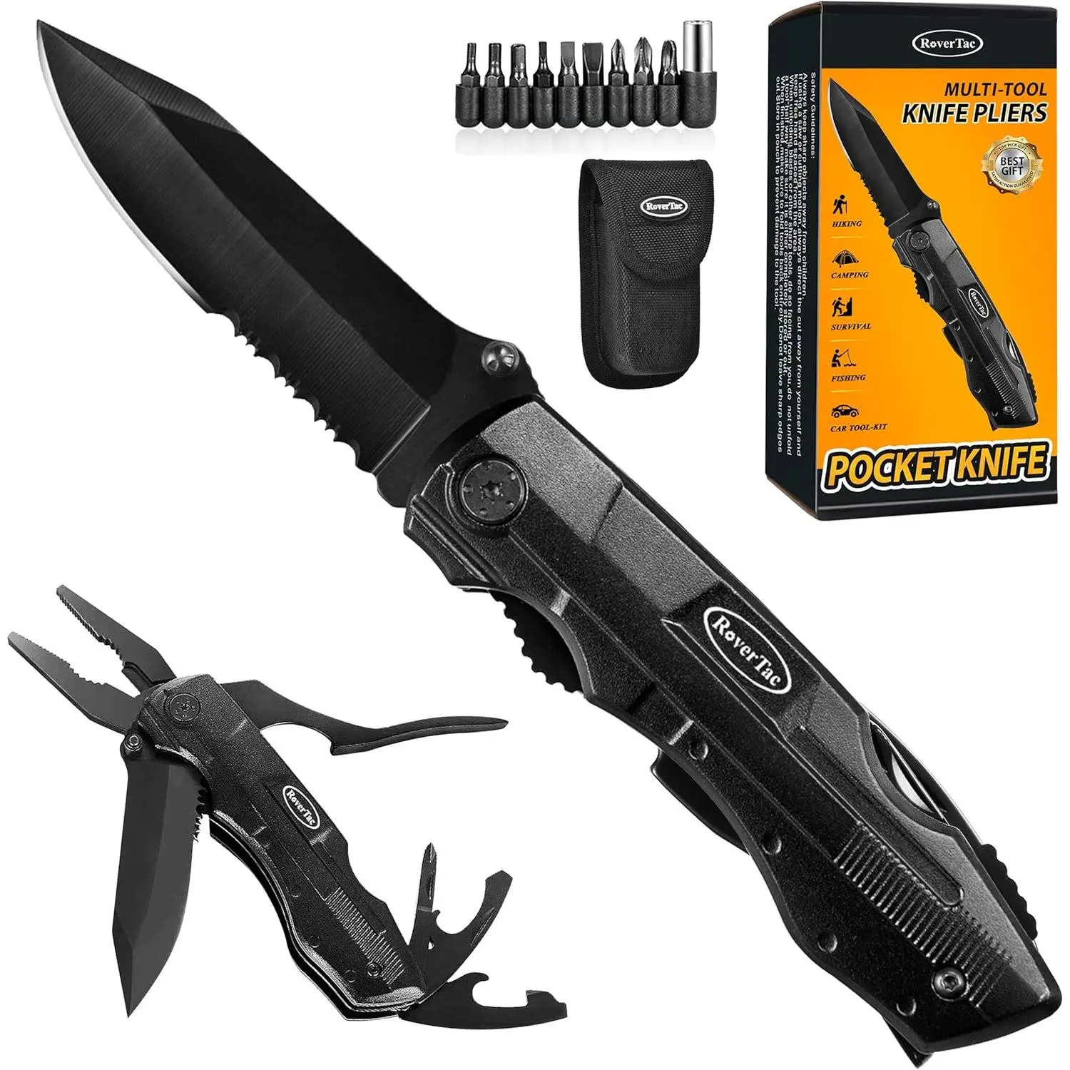 Knife Multitool – 15-in-1 Folding Knife with Pliers, Screwdrivers & Bottle Opener – Multitool Knife with Safety Lock & Nylon Sheath for Camping, Hiking,, EDC & Gifts for Men