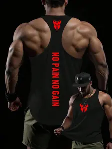 Men’s “NO PAIN NO GAIN” Stringer Tank Top – Breathable Moisture-Wicking Bodybuilding Vest with Red Bull Demon Print, Ideal for Gym Workouts, Weightlifting & Fitness Training