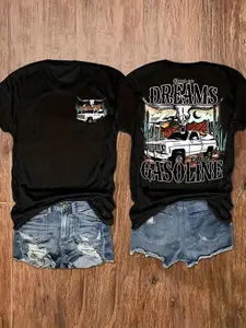 Vintage Western Style Graphic T-Shirt, Dreams and Gasoline Print, Short Sleeve, Loose-Fitting, Casual Summer Wear, Must-Have Fashion Top