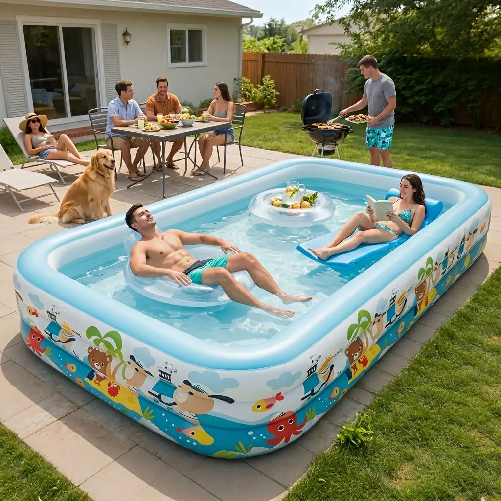 S7326607714 4.2m/165in Extra-Large Heavy-Duty Thick PVC Foldable Portable Inflatable Family Swimming Pool for Home Backyard, Balcony, Adults Summer Water Fun