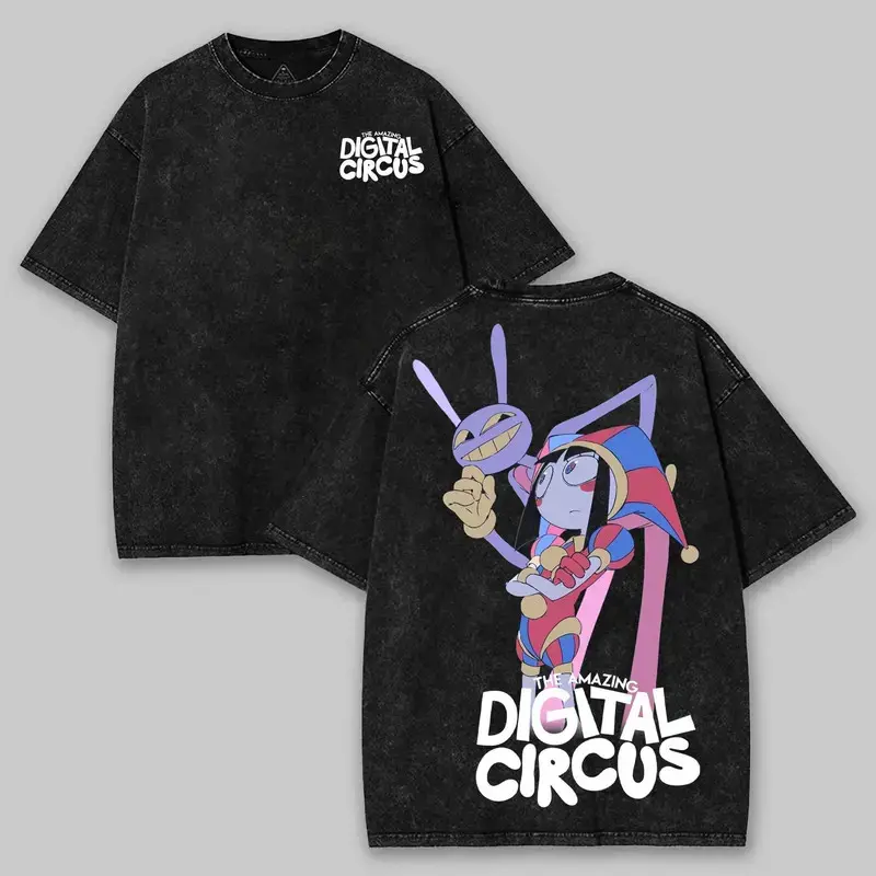 Women's Vintage Washed Round Neck Casual T-Shirt - Pomni & Jax Graphic, Short-Sleeve, Solid, Oversized Cotton, The Amazing Digital Circus Anime-Inspired, All Seasons Retro Streetwear, Ideal Gift for Fans
