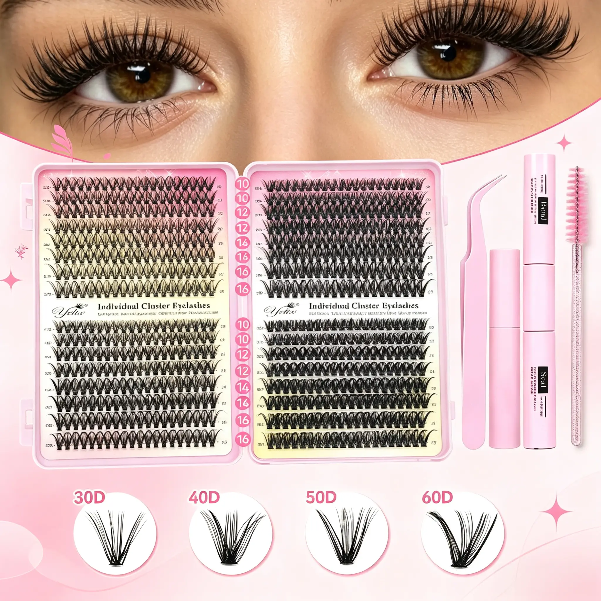 Mixed Length DIY Eyelash Cluster Set Kit - 10-16mm C Curl Eyelash Extensions with Bond & Seal, Mascara-Like Look, Long-Lasting for Beginners, Back to School Beauty & Personal Care Product