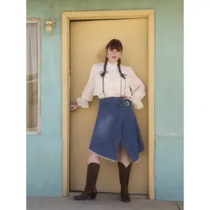 Cider [size 0-10] Denim Mid Rise Raw Hem Asymmetrical Belted Midi Skirt