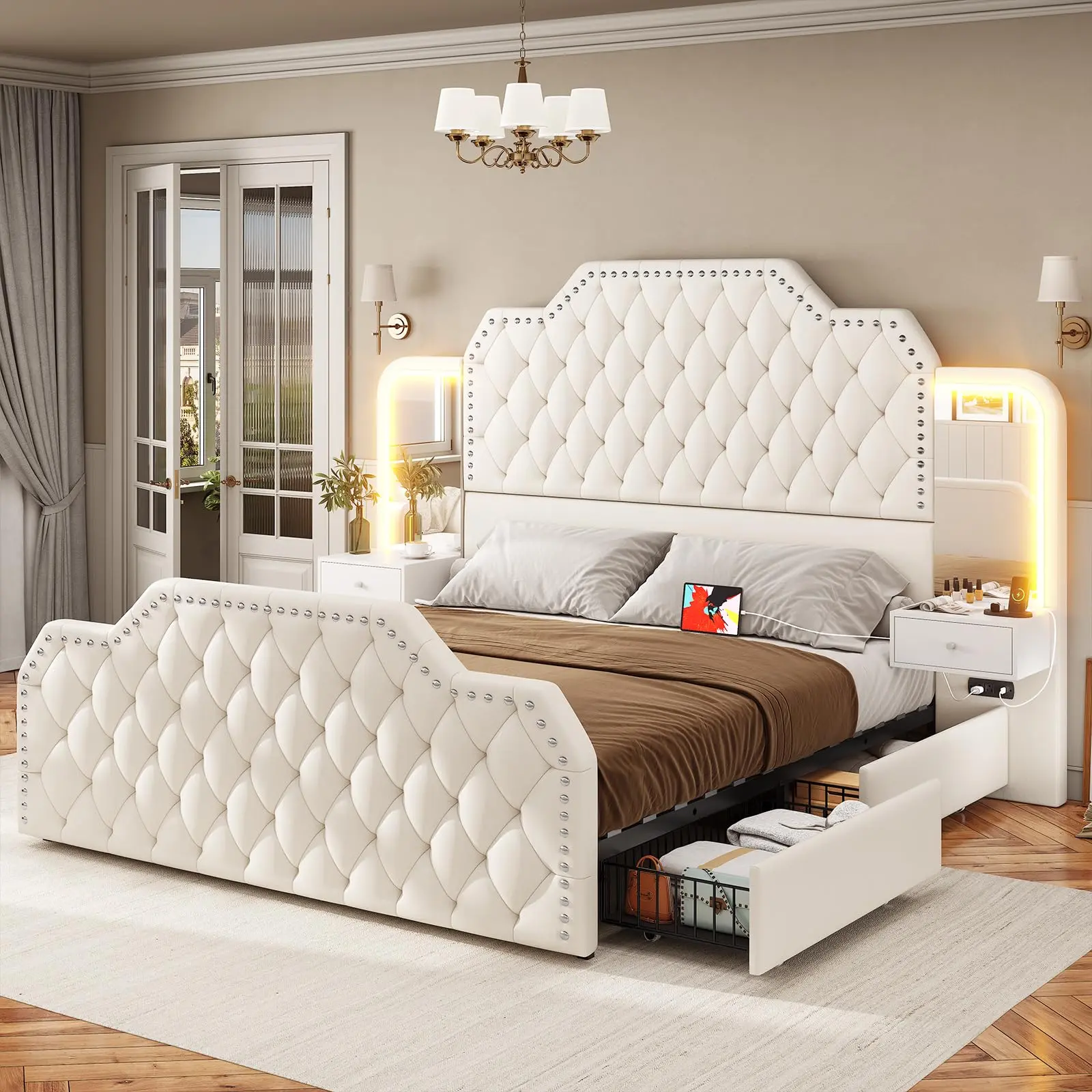 Sikaic Queen Bed Frame with 53" Tall Headboard and 4 Storage Drawers, PU Leather Upholstered Platform Bed Frame, Built in Charging Station & Led, 2 Nightstands with Mirror Summerwins