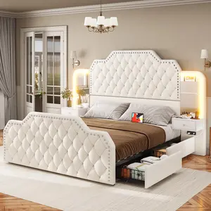 Sikaic Queen Bed Frame with 53" Tall Headboard and 4 Storage Drawers, PU Leather Upholstered Platform Bed Frame, Built in Charging Station & Led, 2 Nightstands with Mirror