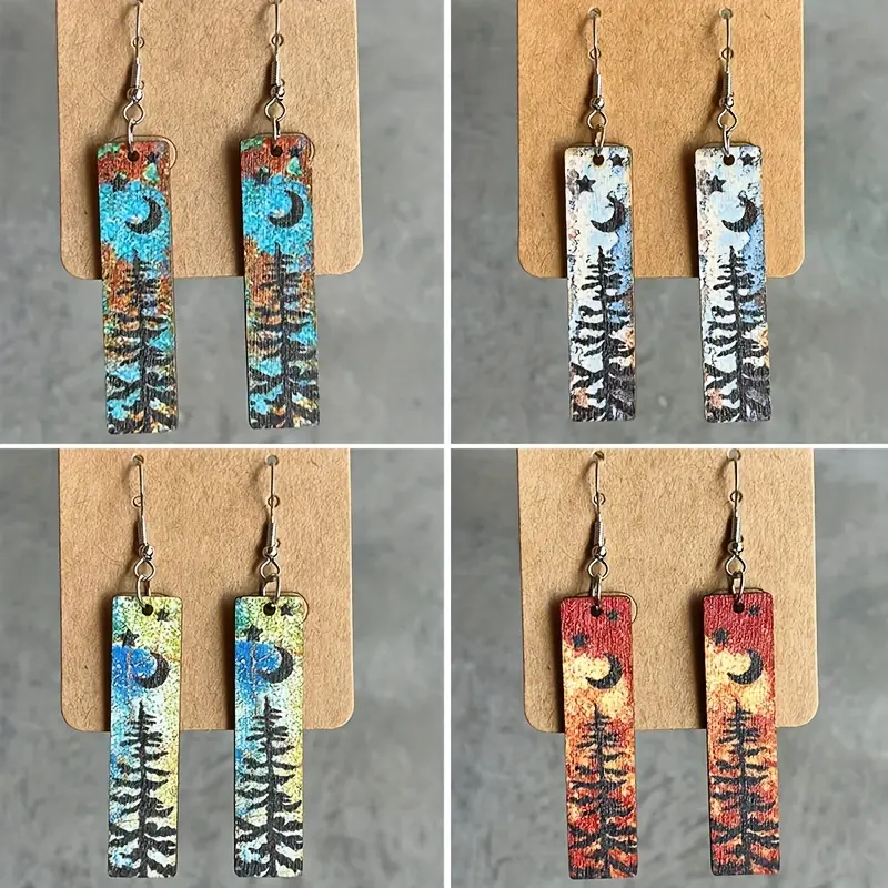 Vintage Wooden Dangle Earrings, 4 Pairs Female Earring Stacking Set with Western Geometric, Star, Moon & Pine Tree Designs, 4Pairs, Casual