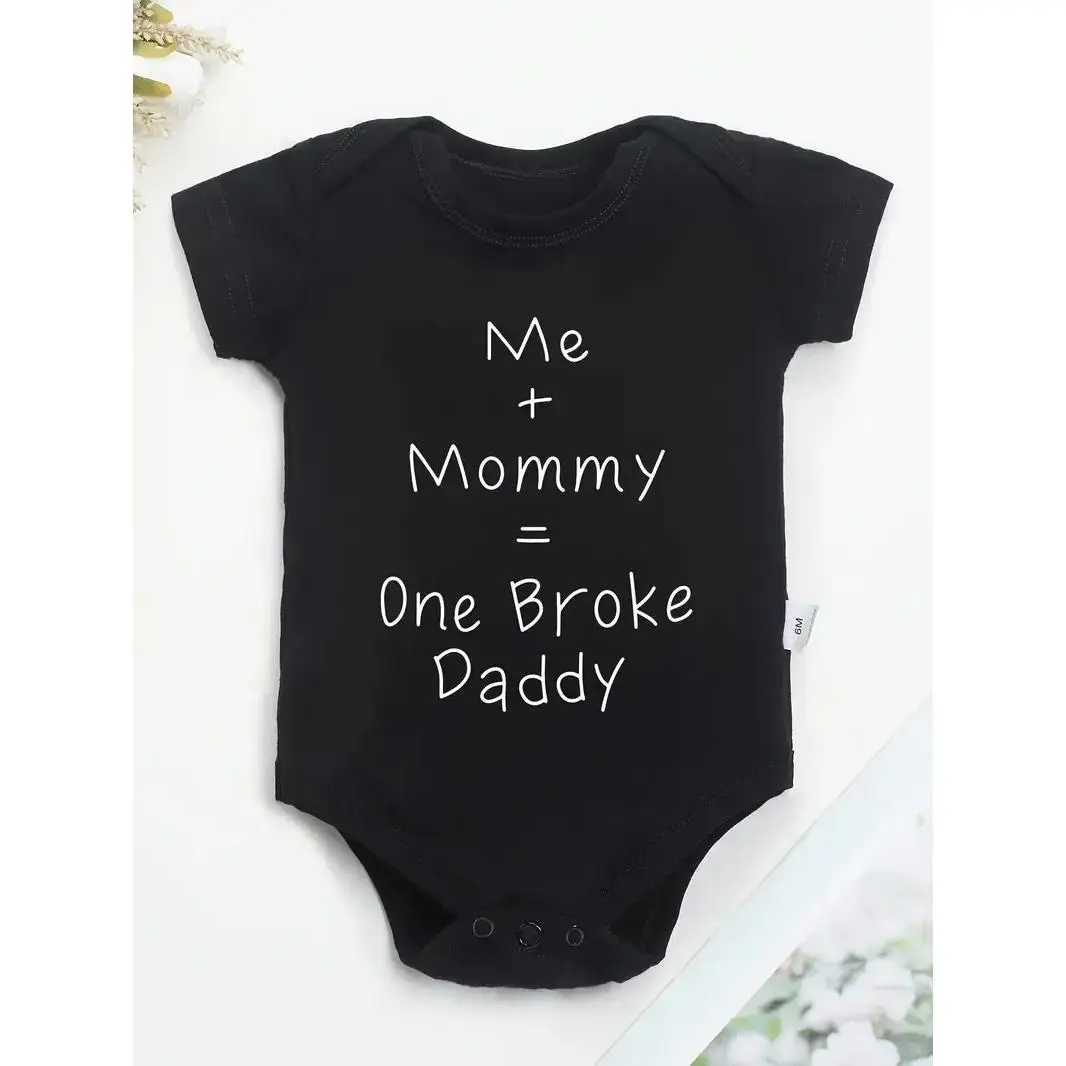 Baby Boys' Soft Cotton Bodysuit Outfit - Slim-Fitting Crew Neck, Button-Closure, "Me + Mommy = 1 Broke Daddy" Graphic Letter Print, Black, Machine-Washable Casual Newborn Onesie