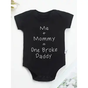 Baby Boys Clothing Soft Cotton Onesie - "Me + Mommy = One Broke Daddy" White Letter Print, Casual Round Neck, Black, Machine Washable, Outdoor Newborn Jumpsuit