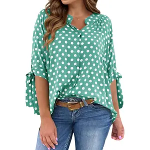 Cicy Bell Womens Polka Dot Blouse V Neck Bow Tie Cuff Half Sleeve Tunic Loose Fit Summer Casual Button Down Pleated Tops