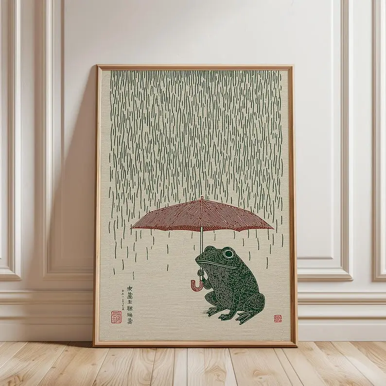[No Frame] Japanese Frog with Umbrella Poster Art Print