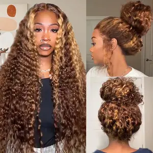 Ombre Honey Blonde 360 Deep Wave Lace Front Wigs Human Hair 30 Inch Invisi Strap HD Full Lace Front Wigs Human Hair Pre Plucked 180 Density Highlight Lace Frontal Glueless Wigs with Drawstring