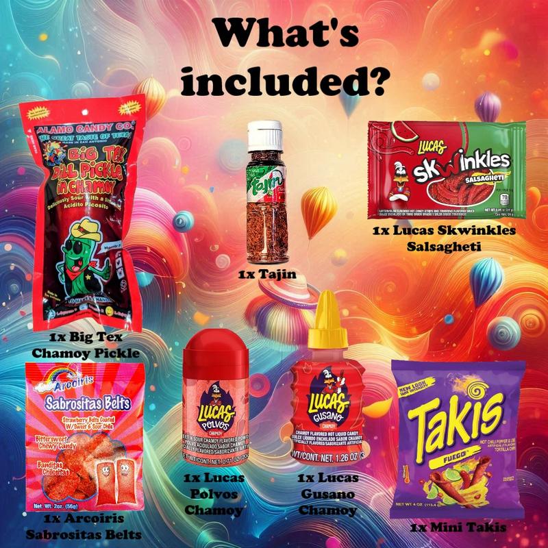 Chamoy Pickle Kit, Takis, Popular Mexican Candy, Lucas Gusano, Salsagheti, Tajin, Sour Belts, Pepinillo de chamoy 7 piece