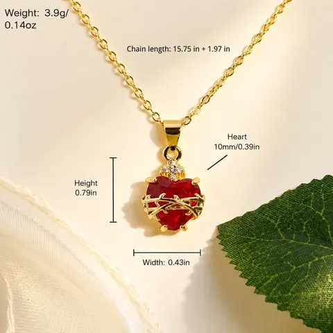 Heart Design Necklace 18K Gold Plated Red Cubic Zirconia Sacred Heart of Jesus Necklace For Women Chritian Cross Pendant Necklace Women Jewelry Love Heart Necklace Charm Necklace
