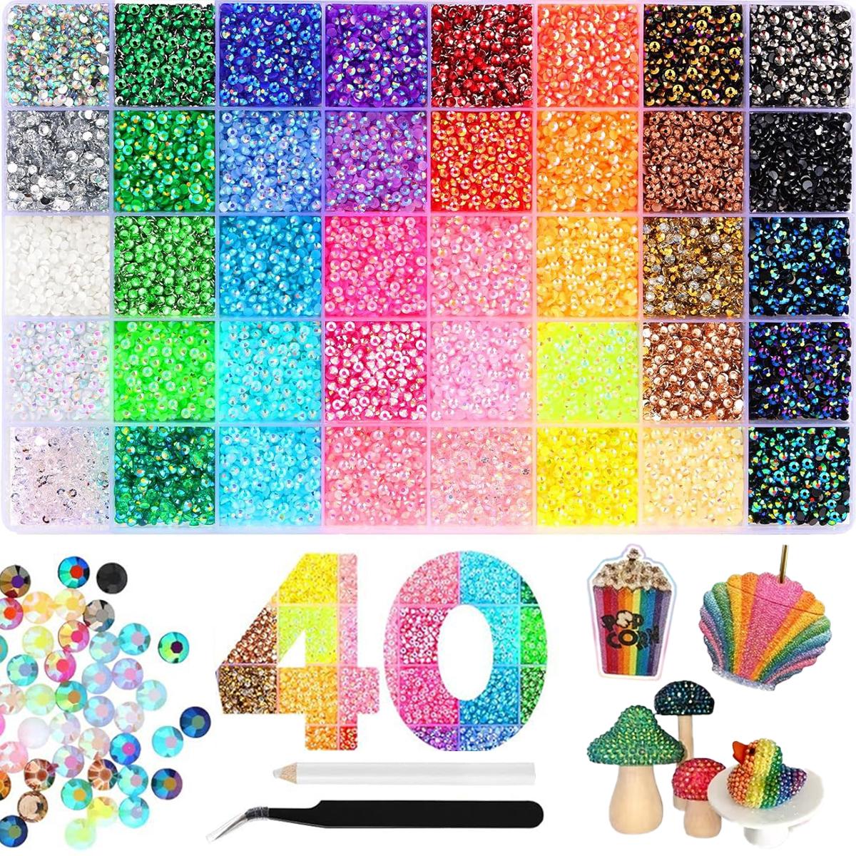 40000Pcs 40 Colors 3mm Jelly Rhinestones Kit for Bedazzling, Includes Tools & Tweezers, Flatback Resin Gems for DIY Crafting, Nail Art, Diamond Art, Phones Case & Makeup Supplies