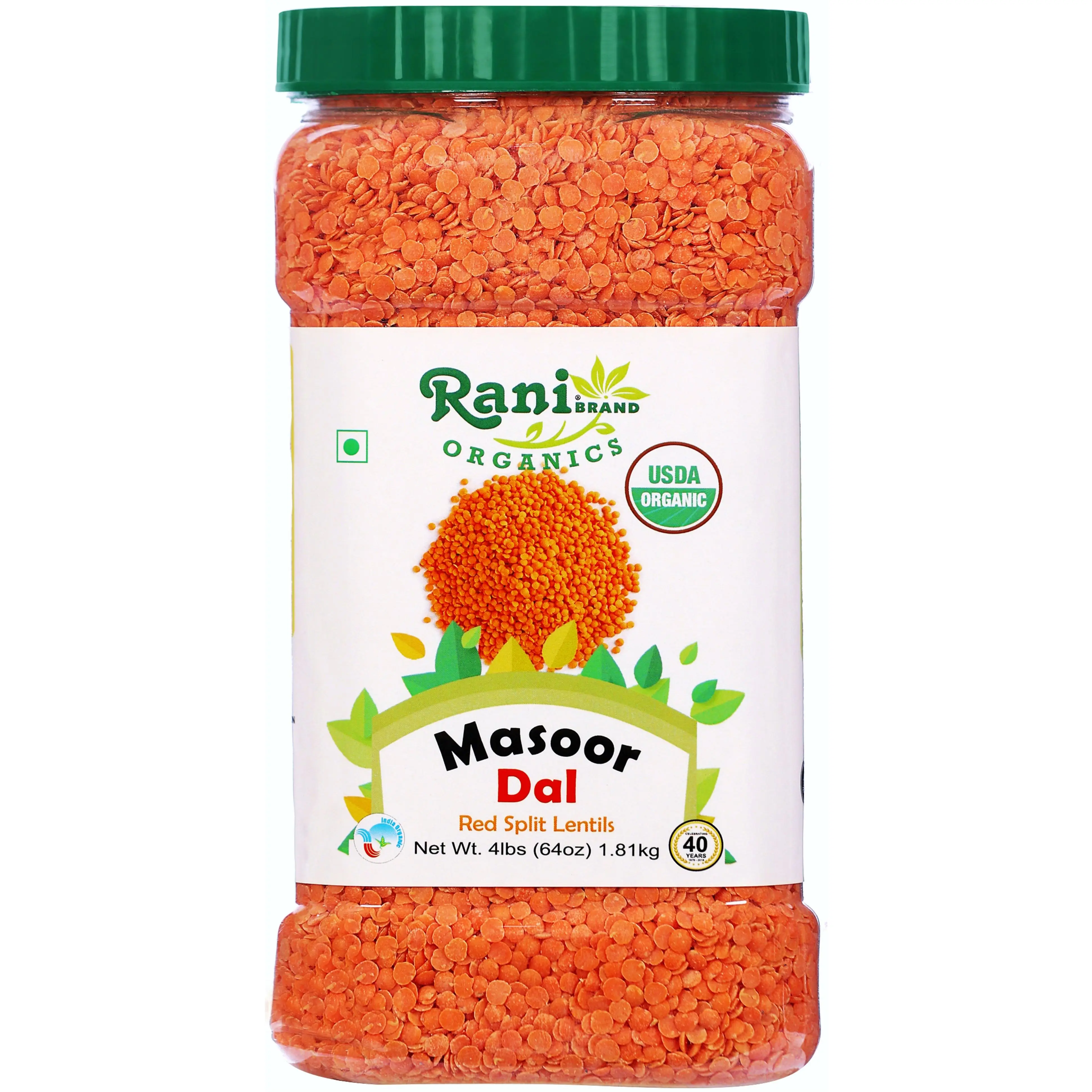 Rani Organic Masoor Dal (Red Split Lentils) 64oz (4lbs) 1.81kg Bulk PET Jar ~ All Natural | Vegan | Gluten Friendly | NON-GMO | USDA Certified Organic