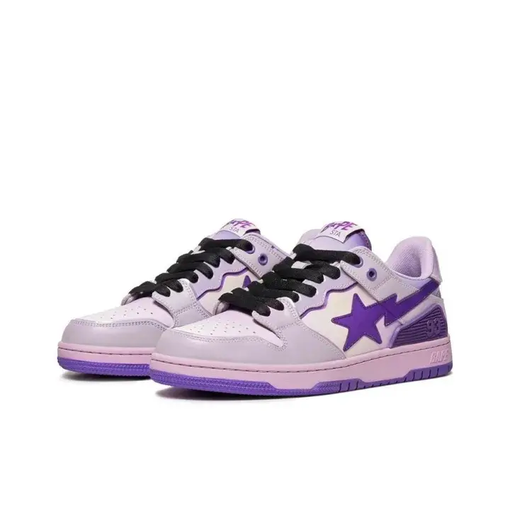 Pastel Lavender Purple Low Top Sneakers With Bold Purple Star Logo On Side, Black Shoelaces, Purple Rubber Outsole, Trendy Y2K Street Style Casual Skateboard Footwear