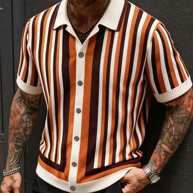 Men's Italian & British Style Short-Sleeve Woven Knit Shirt - Lapel Collar, Vertical Multi-Color Stripes, Full Button Front, Ribbed Cuffs & Hem, Standard Silhouette, Lightweight Retro Foldable Top for Summer Vacation, Everyday Commute #SummerWins, S