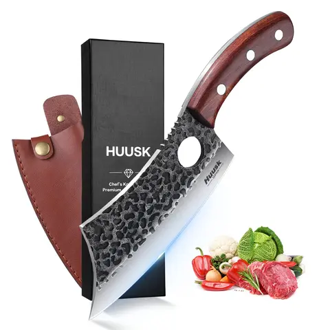 Huusk Traditional Japanese Rust-Resistant Steel Hand-Forged Viking Cleaver Knife - Full-Tang, Ergonomic, 58±2 HRC Sharpness Retention, Wooden Sheath, for Kitchen Deboning, Outdoor Cooking, Christmas/Birthdays Gifting to Friends