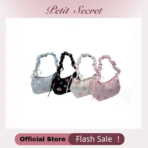Petit Secret Cute Floral Shoulder Bags for Women Ruffled Handle Small Crossbody Purse with Bowknot Trendy Y2K Handbag for Daily Date