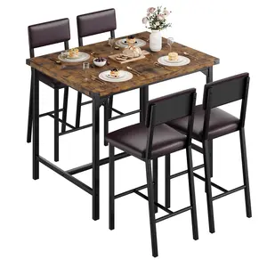Space-Saving Five Piece Dining Set for Four People, High Bar Table with Four Padded Stools and Footrest, Sturdy H-Frame Steel Base, Comfortable PU Leather Seats with Ergonomic Backrests, Easy Assembly and Water-Resistant Surface, Perfect for Kitchens, Din