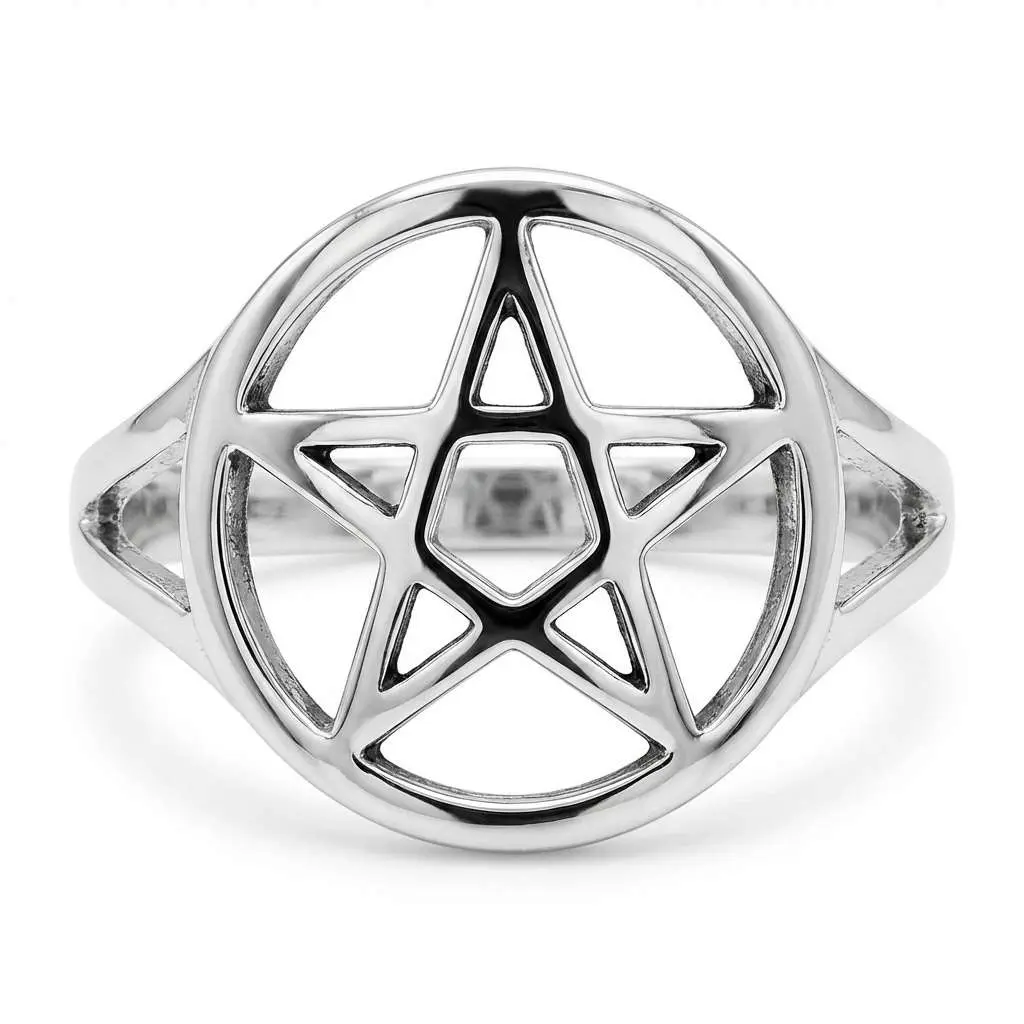 Silver Plated Brass Pentagram Statement Ring, Size 9 - Subtle Elemental Protection Band, Statement Rings