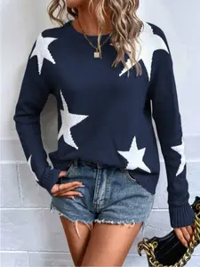 Women's Casual Round Neck Drop Shoulder Long Sleeve Star Pattern Knitwear Sweater, Fall Winter Knit Top, Ladies Fashion Pullover