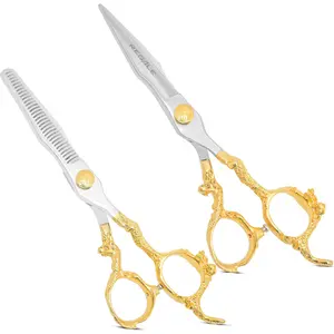 REGALE Professional Barber Shear Set — 7 Inch Hair Cutting Shear & 32 Teeth Thinning Shear with Ornate Gold Dragon Handles
