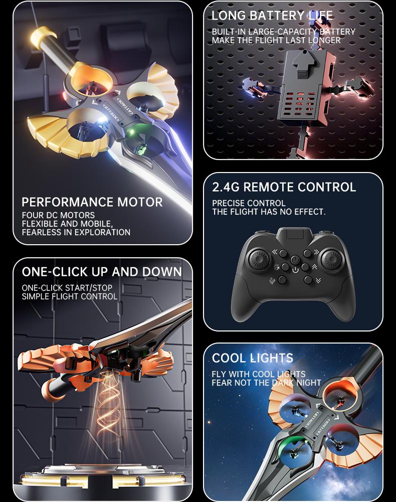 Flying Sword Drone Children's Toy- 2.4GRemote Control Foam Model AirplaneSwordhilt Design with One-Button Rotation &Barometric Lift Christmas