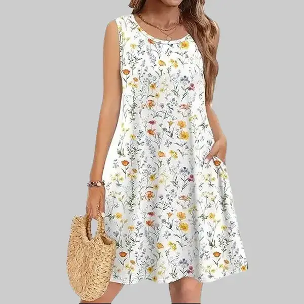 Women's 2026 Breezy Sleeveless Round Scoop Neck Casual Floral Spandex Sundress - 1 Piece Simple Stretchy Flexible Fabric Follows You Loose Tank Tunic, Soft, Side Pockets, Business/Going Out/Beach Wear, Solid Casual Dress, Fit, Casual Dresses