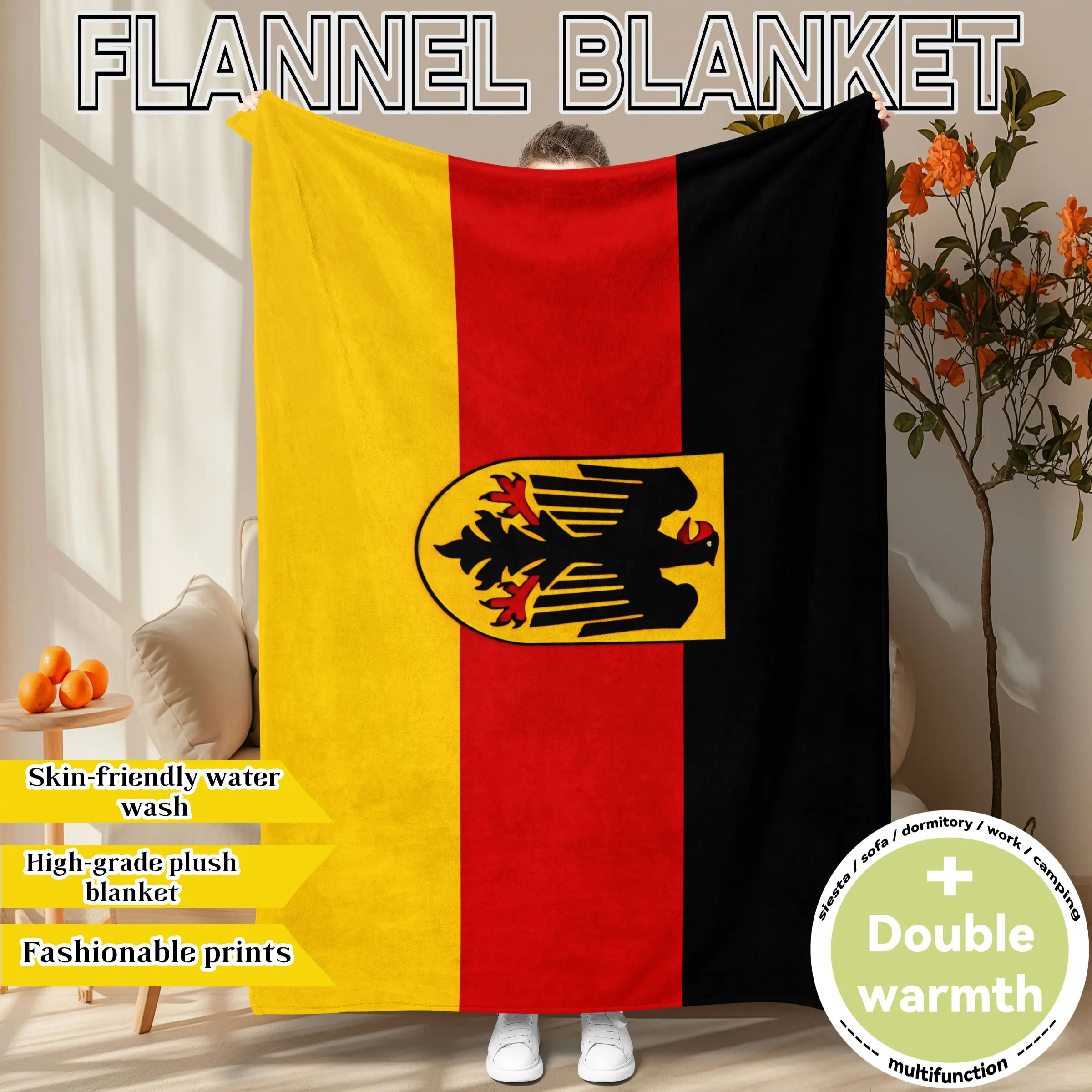 "Champion's Badge" print. German flag themed flannel blanket. Soft, plush, and oversized for warmth. Ideal for home, office, travel, or as a holiday gift. All-season use and machine washable.