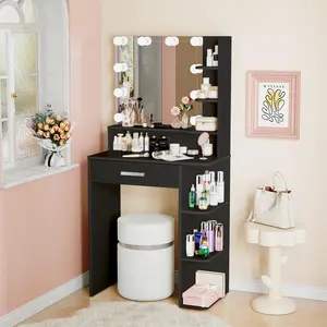 Unlimited Makeup Vanity Desk with Mirror and Lights, 26.4”Small Vanity Mirror with Lights with Large Drawer and 6 Level Storage, Black Vanity with Large Led Mirror with 3 Color Lighting Modes