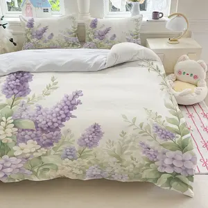 3pcs lilac purple flowers green leaves pastel background bedding set (1*Duvet Cover + 2*Pillowcase, Without Core)+Soft comfortable and breathable Suitable for bedroom guest room hotel dormitory rooms