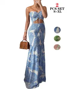 2026 Women's Bandeau Maxi Skirt 2-Piece Set, Sexy Smocked Ruched Multi-Color Print Versatile Outfit for Evening Club Holiday Daily Wear
